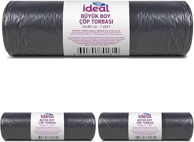 İdeal Büyük Boy Çöp Poşeti 7'li 65x80 cm, Sızdırmaz ve Yırtılmaz, Ekonomik Büyük Boy Çöp Torbası, Geri Dönüştürülebilir Atık Torbası, Doğa Dostu, Sürdürülebilir, Güçlü ve Dayanıklı Çöp Poşeti