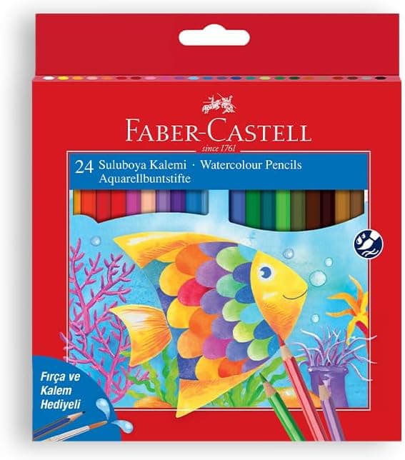 Faber-Castell Karton Kutu Sulu Boya Kalemi, 24 Renk, Suda Çözünebilir, Fırça ve Kalem Hediyeli, Yaratıcılığı Destekleyen Boya Kalemi