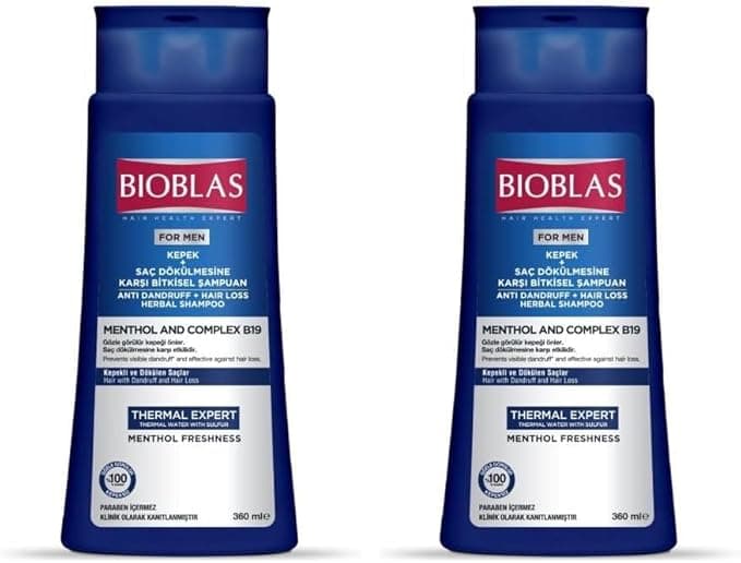 Bioblas Thermal Expert Şampuan – Kepek ve Saç Dökülmesine Karşı, Termal Su & Mentol İçerikli, Bitkisel Kompleks B19, 360 ml (2 paketi)