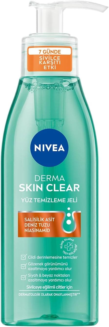 NIVEA Derma Skin Clear Sivilce Karşıtı Yüz Temizleme Jeli 150ml, Gözenek Arındırıcı,Gözenek Görünümünü,Siyah Noktaları Azaltır,Salisilik Asit,Niasinamid,Deniz Tuzu,Yağlı ve Karma Cilt