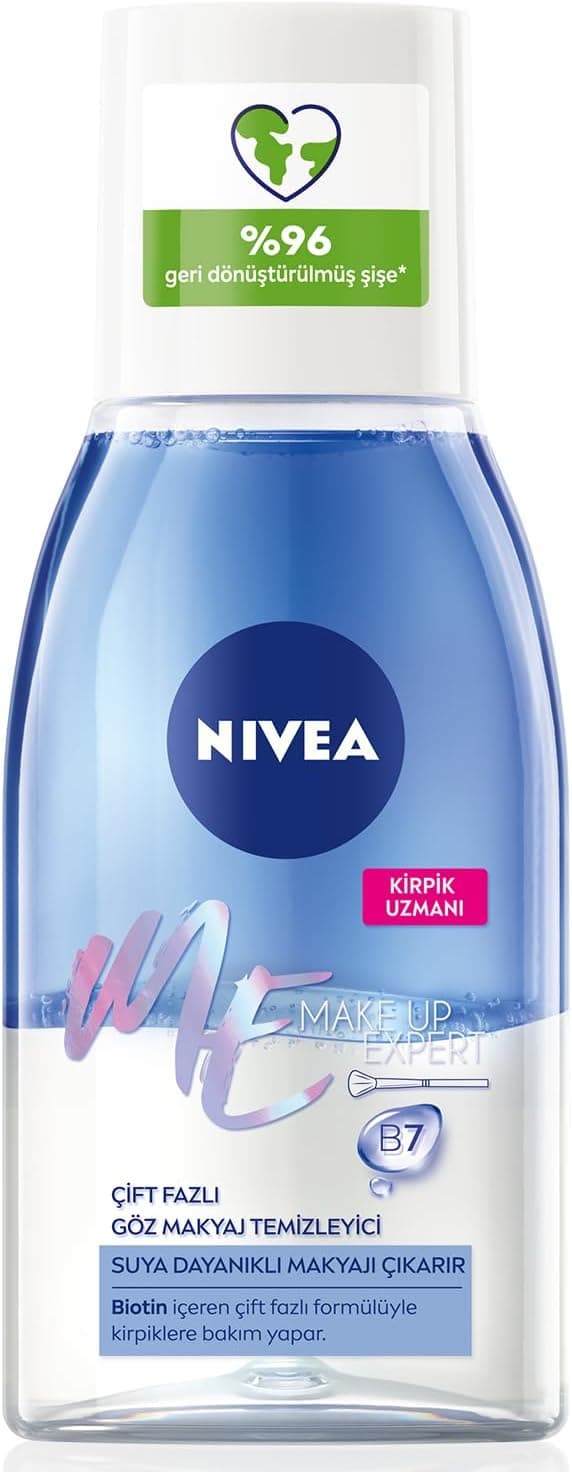 NIVEA Çift Fazlı Göz Makyaj Temizleyici 125 ml,Biotin,Kirpik Bakımı,Suya Dayanıklı Maskara ve Makyaj