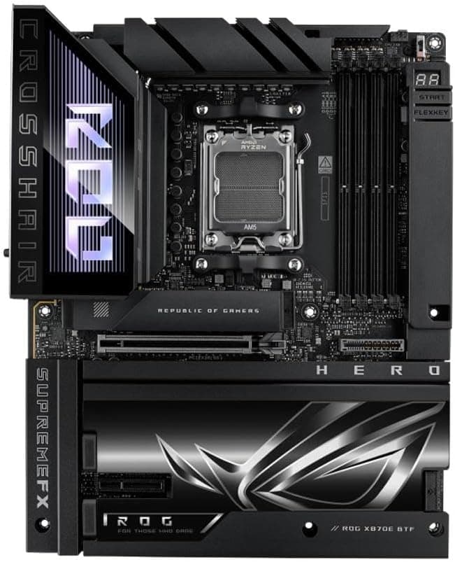 ASUS ROG CROSSHAIR X870E HERO BTF AMD X870E AM5 DDR5 8666 HDMI 2xUSB4 5x M2 USB3.2 WiFi 7 + BT AURA RGB 2.5Gbit + Gbit LAN ATX 18+2+2 Güç Aşamaları, Anakart Arkasına Konumlandırılan Kablo Bağlantıları