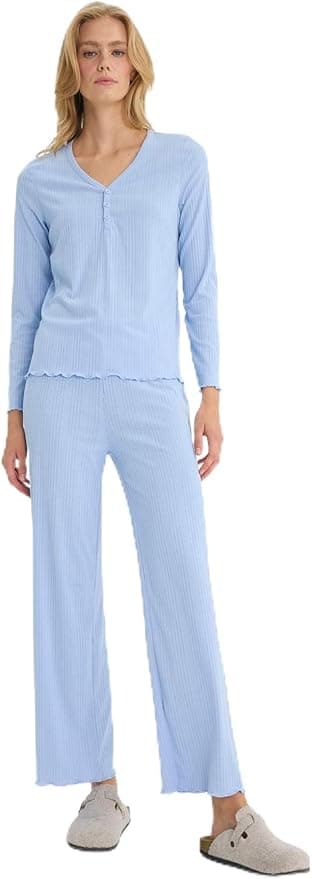 DeFacto Pijama Takımı Regular Fit Ribana Uzun Kollu Üst Uzun Alt-Fall in Love