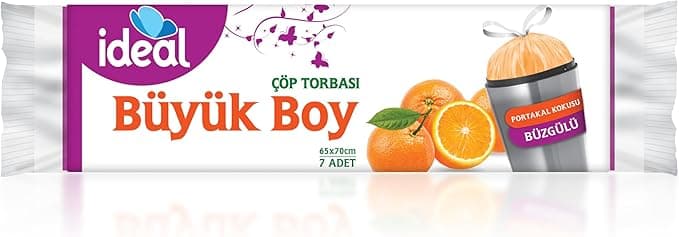 İdeal Portakal Kokulu Büyük Boy Büzgülü Çöp Poşeti 7'li 65x70 cm, Kolay Bağlanır Kokulu Büzgülü Büyük Boy Çöp Torbası, Sızdırmaz, Yırtılmaz, Geri Dönüştürülebilir Atık Torbası, Güçlü Çöp Poşeti