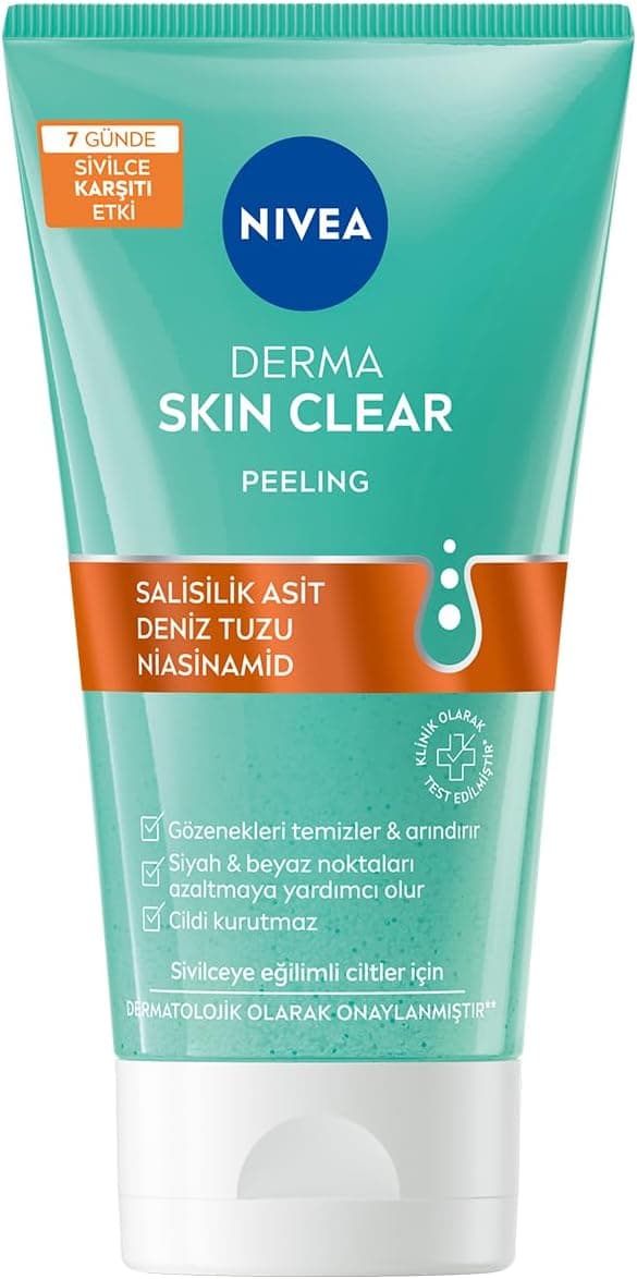 NIVEA Derma Skin Clear Sivilce Karşıtı Yüz Temizleyici Peeling 150ml, Gözenek Arındırıcı,Siyah Nokta Azaltır,Salisilik Asit,Deniz Tuzu, Niasinamid
