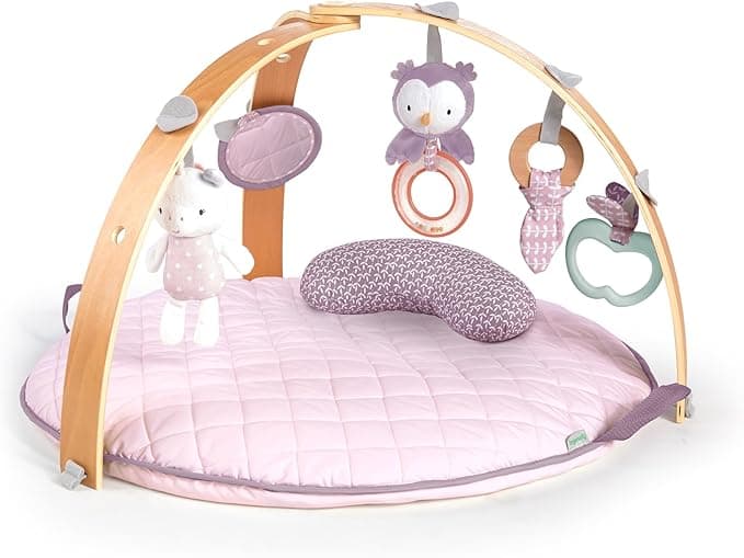 Ingenuity Rahat Nokta Çift Taraflı Yorgan Aktivite Spor Salonu ve Ahşap Çubuklu Oyun Minderi - Calla, Yeni Doğan ve Üzeri , 84x84x48 cm (1'li Paket)