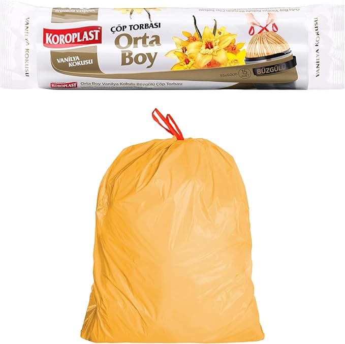Koroplast Vanilya Kokulu Orta Boy Büzgülü Çöp Poşeti 15'li 55x60 cm, Kolay Bağlanır Kokulu Büzgülü Orta Boy Çöp Torbası, Sızdırmaz, Yırtılmaz, Geri Dönüştürülebilir Atık Torbası, Güçlü Çöp Poşeti