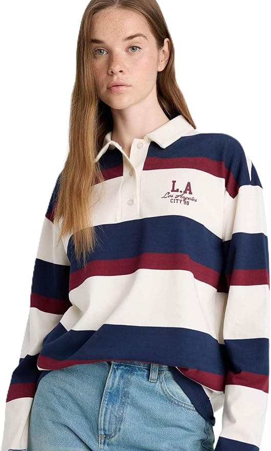 DeFacto Oversize Geniş Kalıp Polo Yaka Çizgili Baskılı Sweatshirt