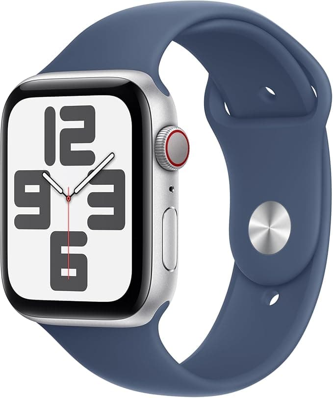Apple Watch SE (2. nesil) GPS + Cellular 44 mm Gümüş Rengi Kasa Akıllı Saat ve Kot Rengi Spor Kordon - M/L. Fitness ve Uyku Takibi, Trafik Kazası Algılama, Kalp Atış Hızı Takibi, Retina Ekran