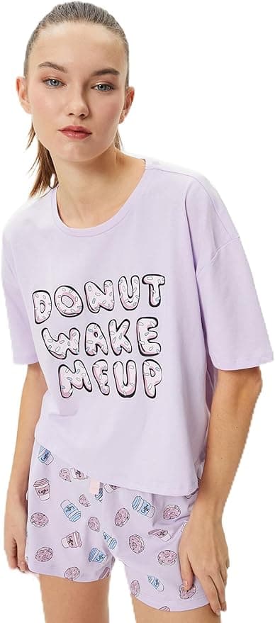 Şortlu Pijama Takımı Kısa Kollu Bisiklet Yaka Baskılı