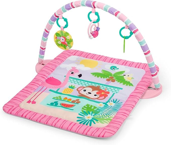 Bright Starts Pink Palms Tiki Oyuncak Çubuklu Bebek Jimnastik Aktivitesi Ve Yüz Üstü Geçirilen Zaman Matı, Oyuncak Çubuğu Ve 3 Oyuncak, Yenidoğan İle 3 Yaş Arası Bebekler İçin