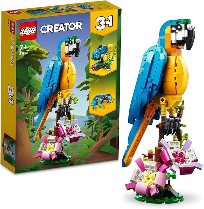 LEGO Creator Egzotik Papağan 31136-7 Yaş ve Üzeri Çocuklar İçin Papağan, Balık ve Kurbağa Modelleri İçeren Yaratıcı Oyuncak Yapım Seti (253 Parça)