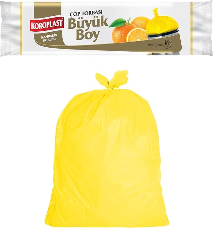 Koroplast Mandarin Kokulu Büyük Boy Çöp Poşeti 10'lu 65x80 cm, Sızdırmaz ve Yırtılmaz, Kötü Koku Karşıtı Kokulu Büyük Boy Çöp Torbası, Geri Dönüştürülebilir Atık Torbası, Güçlü ve Dayanıklı Çöp Poşeti