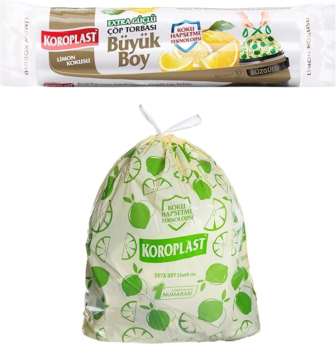 Koroplast Limon Kokulu Büyük Boy Büzgülü Çöp Poşeti 10'lu 65x70 cm, Kolay Bağlanır Kokulu Büzgülü Büyük Boy Çöp Torbası, Sızdırmaz Yırtılmaz, Geri Dönüştürülebilir Atık Torbası Ekstra Güçlü Çöp Poşeti