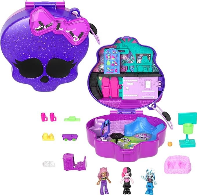 POLLY POCKET™ Monster High Temalı Kompakt Oyun Seti 3 mikro bebek ve 10 aksesuar bulunan, açıldığında liseye dönüşen Polly Pocket Monster High Kompakt Oyun Seti HVV58
