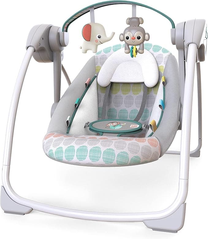 Bright Starts Bebek Salıncağı, Uyarlanabilir Hız, Kumaş Oyuncaklar, Müzik, Çıkarılabilir Oyuncak Barı, 0-9 Ay 3-9 kg (Tuhaf Vahşi) ile Portatif Otomatik 6 Vitesli