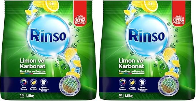 Rinso Toz Çamaşır Deterjanı Limon ve Karbonat Renkliler ve Beyazlar İçin 1,5 KG 2li paket