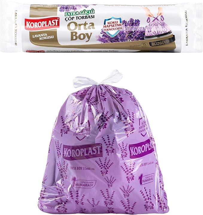 Koroplast Lavanta Kokulu Orta Boy Büzgülü Çöp Poşeti 15'li 55x60 cm, Kolay Bağlanır Kokulu Büzgülü Orta Boy Çöp Torbası, Sızdırmaz, Yırtılmaz, Geri Dönüştürülebilir Atık Torba, Ekstra Güçlü Çöp Poşeti