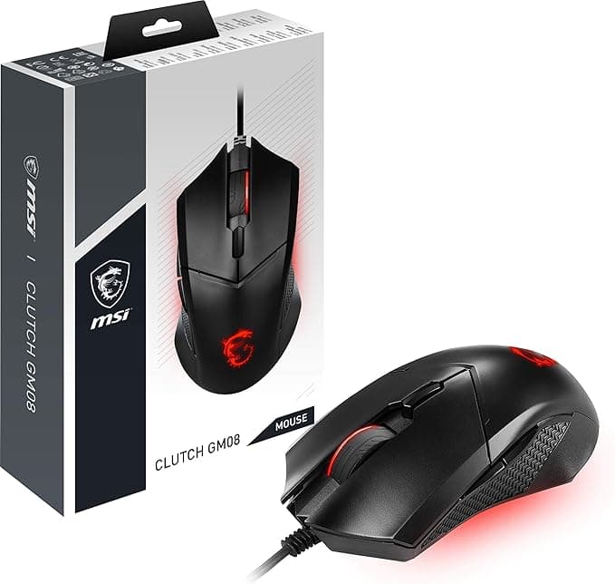 MSI GG CLUTCH GM08 GAMING MOUSE 4.200 DPI PIXART PAW3519 OPTIK SENSOR RED LED 1.8M KABLO AYARLANABILIR AGIRLIK ALTIN KAPLAMA USB BAGLANTI OYUNCU FARESI