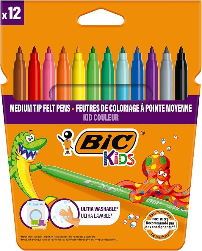 BIC Kids Kid Couleur Ultra Yıkanabilir Keçeli Boya Kalemi 12 Renk, Kolayca Çoğu Kumaştan Çıkar, Su Bazlı Keçeli Kalem