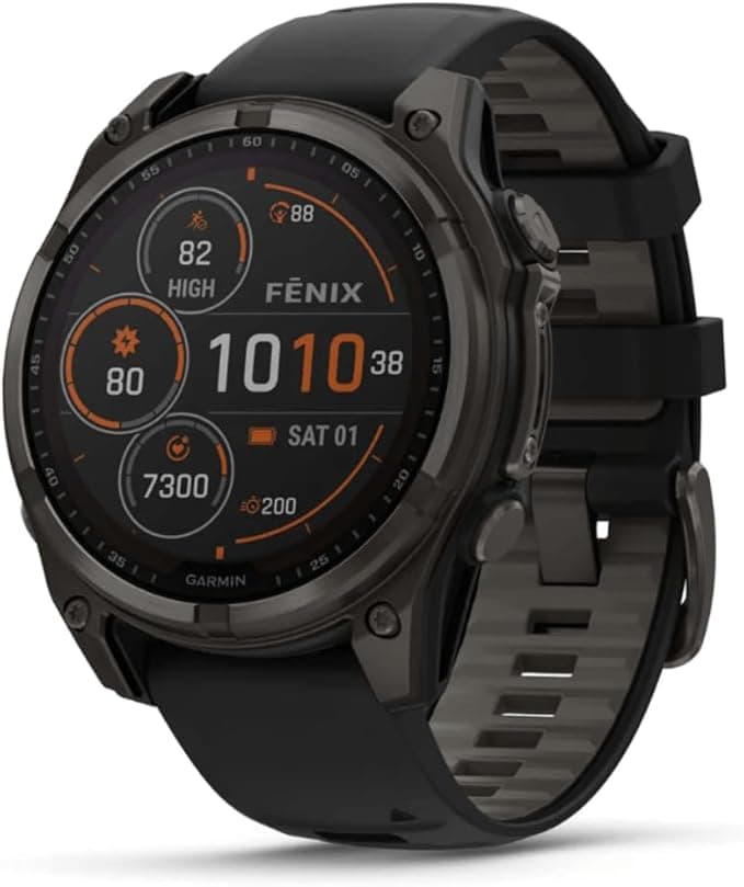 Garmin fenix 8 47 mm, Solar, Sapphire Karbon Gri DLC Titanyum, Siyah/Gri Silikon Kayışlı, Akıllı Saat