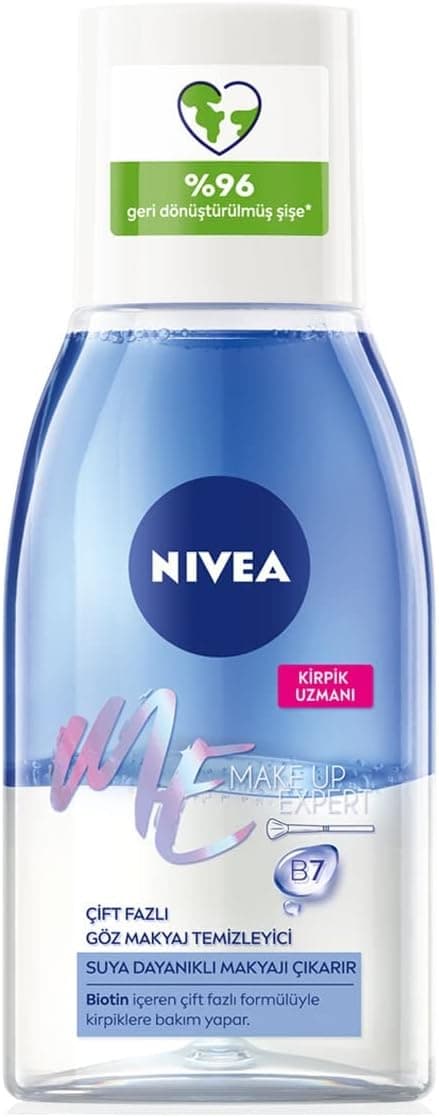 NIVEA Make Up Expert Çift Fazlı Göz Makyaj Temizleyici Mavi Kantaron Çiçeği Özü ile Hassas Kirpik Bakımı, 125 ml