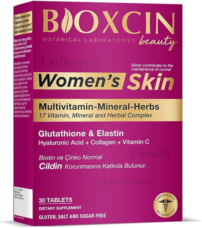 Bioxcin Women's Skin Tablet – Kolajen, Biotin, Glutatyon, Hyaluronik Asit ve Vitamin C İçeren Kadınlara Özel Cilt, Saç ve Tırnak Takviyesi – 30 Tablet