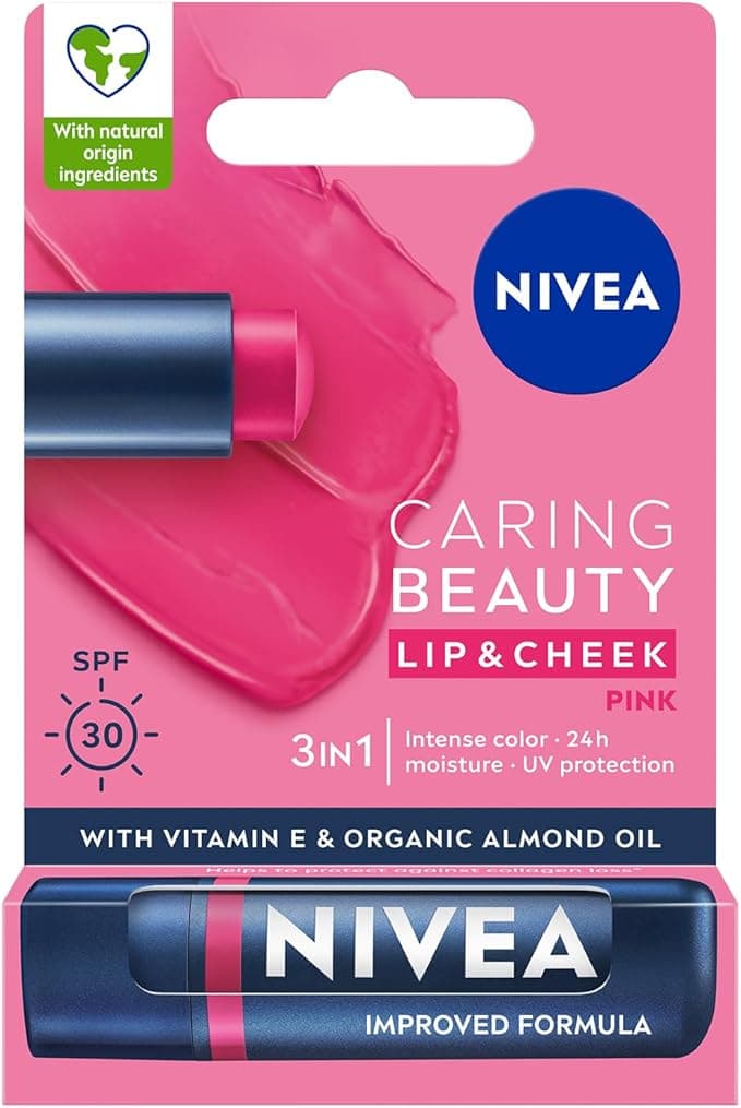 NIVEA SPF30 Pembe Renkli Dudak Bakım Kremi,4,8gr,24 Saat Nemlendirme,E Vitamini,Organik Badem Yağı,Shea Yağı,Dudak Ve Yanaklar İçin,Allık Etkisi,Mineral Yağı Bulunmaz