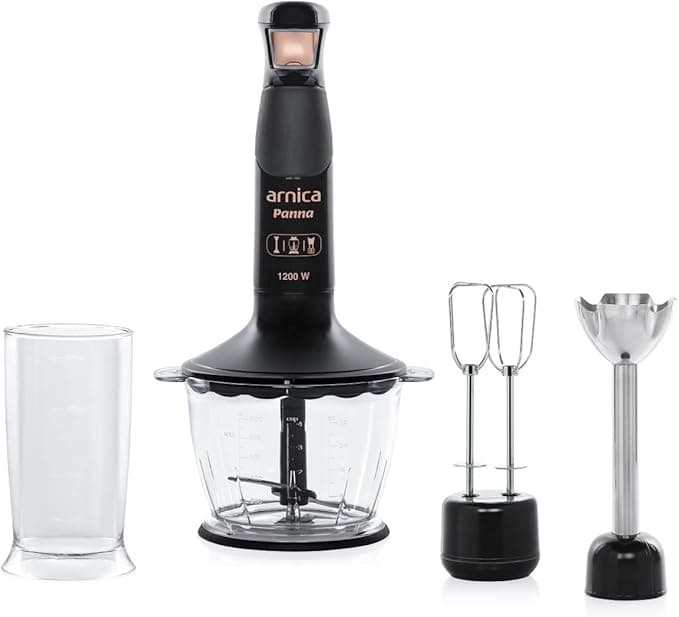 Arnica Panna Siyah Blender Seti, 1200 W, 1.3 L Hazne, Paslanmaz Çelik Bıçak, Siyah