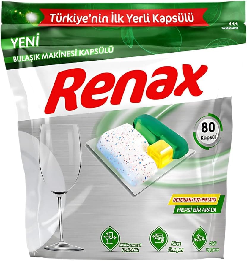 RENAX Bulaşık Makinesi Kapsülü, 80'li Paket, Enzim ve Oksijen Bazlı Ağartıcı İçeren Formül, Citral ve Limon Kokulu