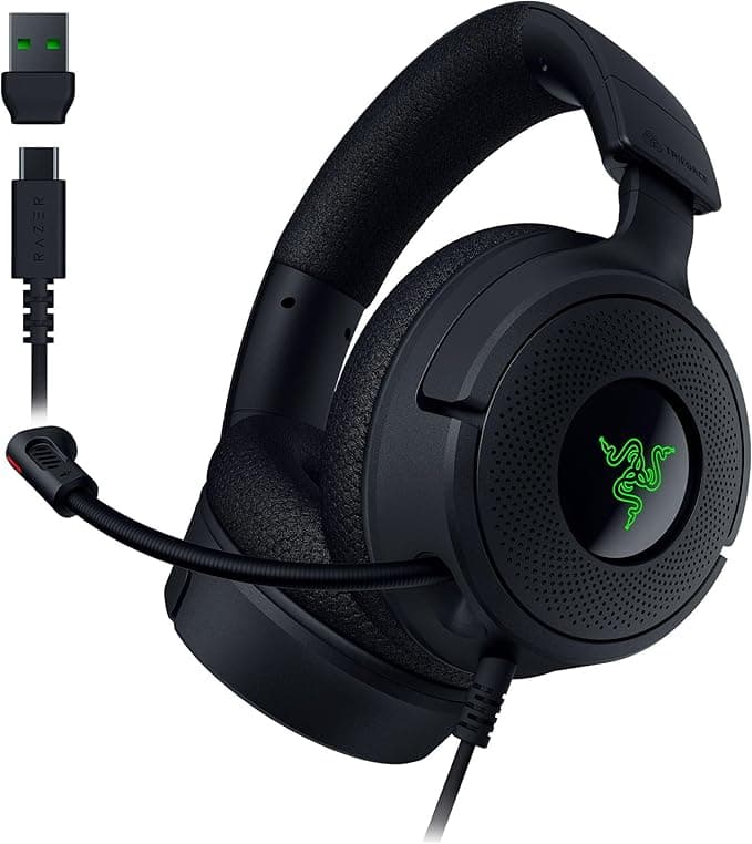 Razer Kraken V4 X - Kablolu PC Oyun Kulaklığı (TriForce 40mm Sürücüler, Geri Çekilebilir Kardioid Mikrofon, 7.1 Surround Ses, Chroma RGB, PC için - USB-C üzerinden konsol ve telefonlar) Siyah