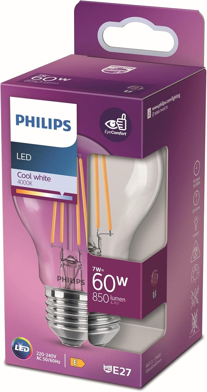 Philips LED Classic 60W A60 Filament Ampul, 4000K Soğuk Beyaz, E27 Normal Duy, Dim Edilmez