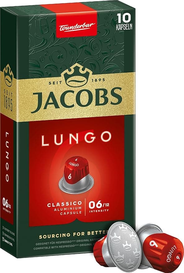 JACOBS - Lungo 6 Classico - Orta Yoğunluk - Hafif ve Kadifemsi - Espresso Kapsülleri - 10 alüminyum kapsül