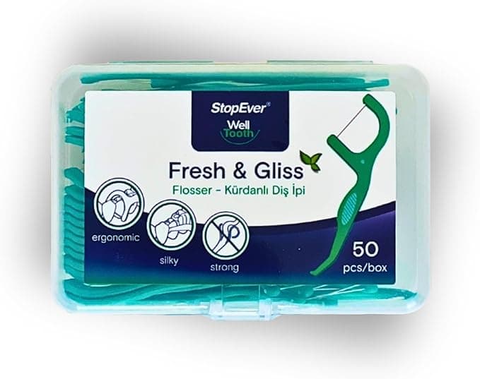 StopEver Fresh & Gliss Kürdanlı Diş İpi (50 Adet) | Nane Aromalı | Diş Arası Temizliği, Ağız Hijyeni ve Günlük Kullanım için İdeal | Plastik Kutulu ve Taşıma Kılıflı Hediyeli