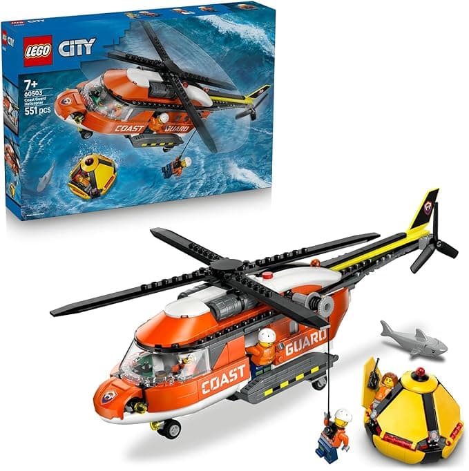 LEGO City Sahil Güvenlik Helikopteri 60503 – 7 Yaş ve Üzeri Çocuklar için Pilot, Sivil, 2 Sahil Güvenlik Görevlisi ve Köpekbalığı Minifigürü İçeren Oyuncak Yapım Seti, Hediye Fikri (551 Parça)