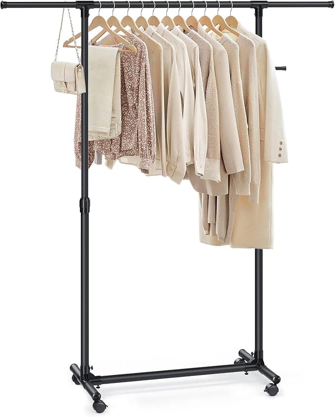 SONGMICS tekerlekli elbise askısı, 97 ve 165 cm arasında yüksekliği ayarlanabilir, uzatılabilir gardırop askısı, aksesuarlar için yan kancalar, siyah LLR001B01