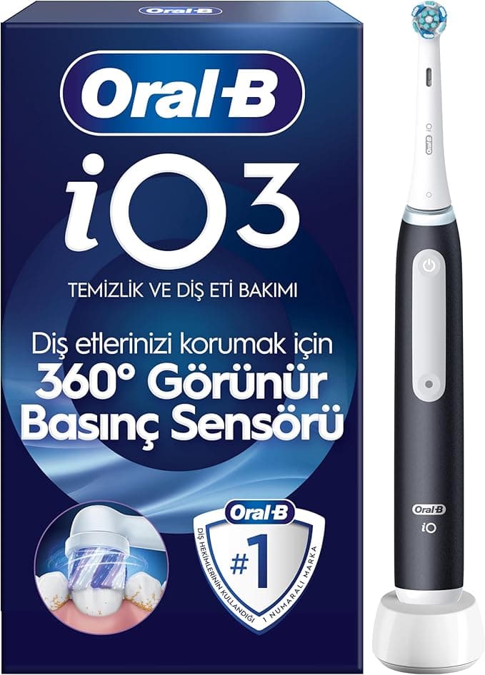 Oral-B iO - 3 Siyah Şarjlı/Elektrikli Diş Fırçası, 1 Diş Fırçası Başlığı, Braun Tasarımı