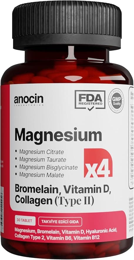 anocin MAGNEZYUM X4 COMPLEX CİTRATE, TAURATE, BİSGLYCİNATE, MALATE + BROMELAİN + KOLAJEN+ H.ASİT+D+B12+B6 30 tablet