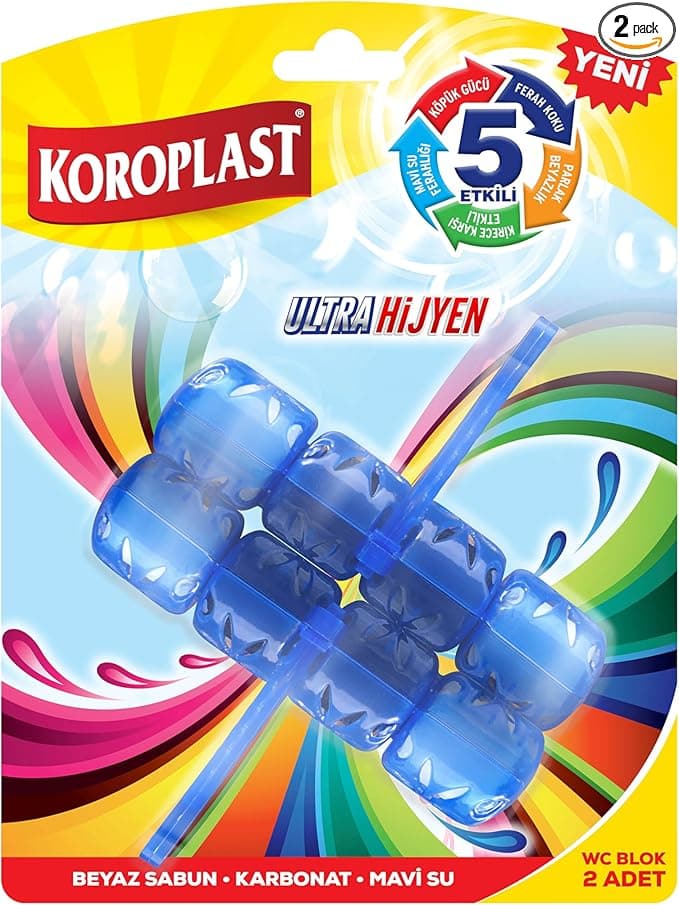 Koroplast 5 Etkili WC Blok 2'li Set, Beyaz Sabun Kokulu, Karbonat ve Mavi Su Özellikli Ferah, Parlak, Kireç Karşıtı, Köpüklü Tuvalet Bloğu, Hijyenik Klozet ve Tuvalet Hijyenik Temizliği, 2'li WC Blok