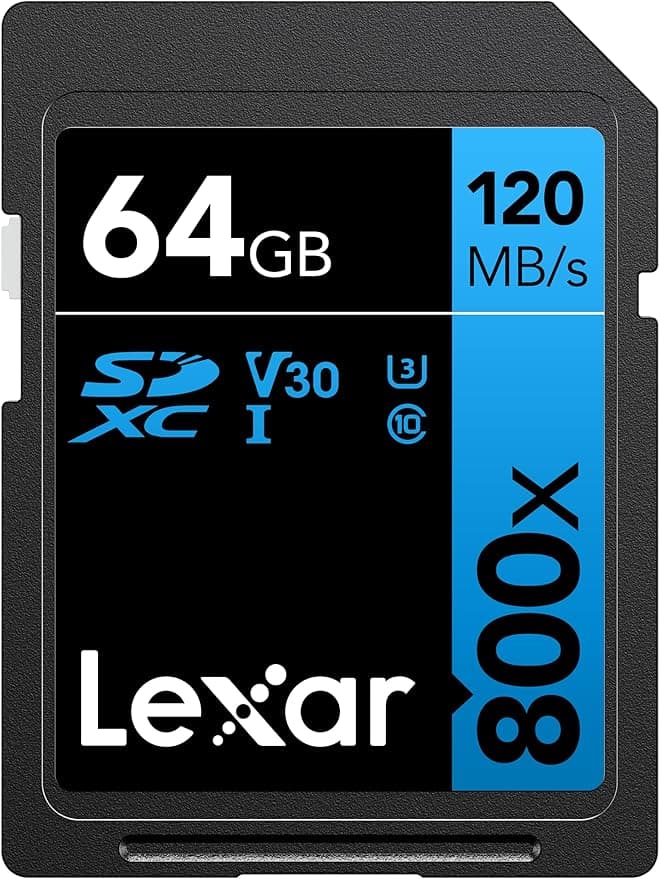 Lexar® 64GB Professional 800x SDXC™ UHS-I cards, up to 120MB/s read 45MB/s write C10 V30 U3