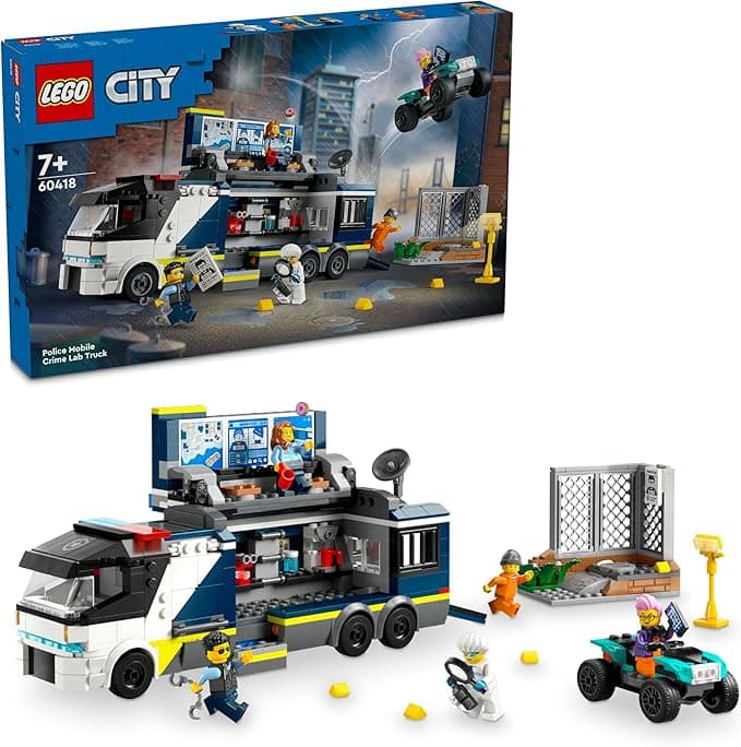 LEGO City Polis Mobil Suç Laboratuvarı Kamyonu 60418-7 Yaş ve Üstü Kız ve Erkek Çocuklar için 2 Polis, 1 Bilim İnsanı, 2 Suçlu Figürü ve motosiklet İçeren Oyuncak Seti, Hediye Fikri (674 Parça)