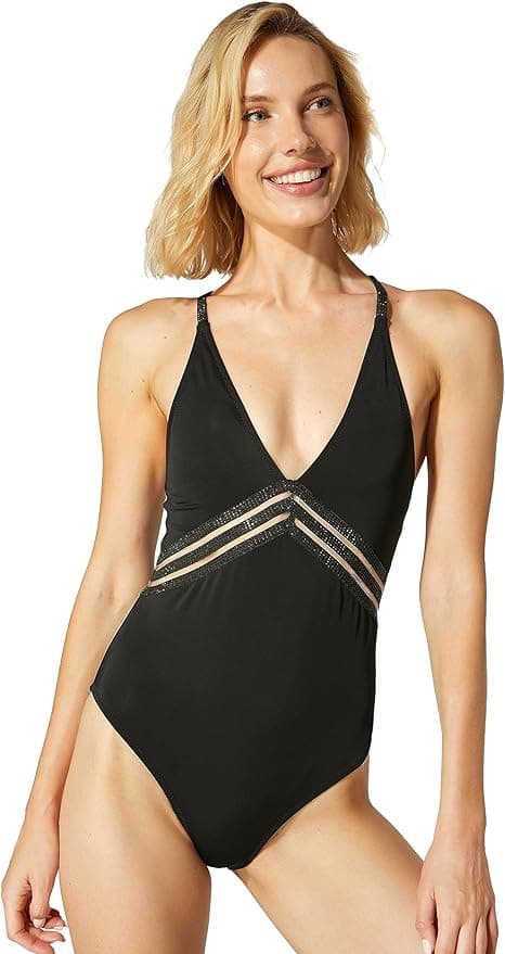 V Yaka Mayo Taşlı Transparan Detaylı Çapraz Askılı Kaplı