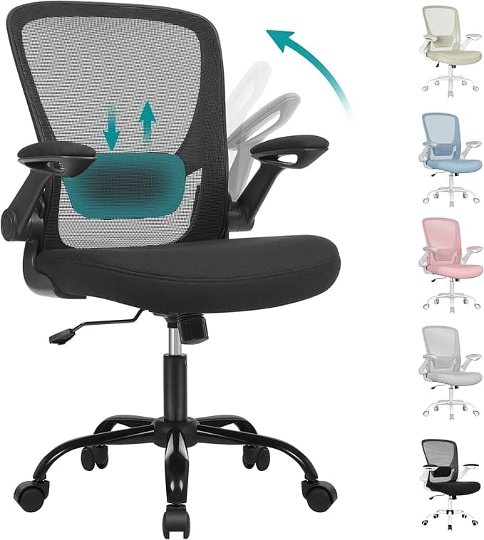 SONGMICS ofis koltuğu, masa sandalyesi, file kaplamalı döner sandalye, ergonomik, yastıklı bel desteği, sallanma fonksiyonu, 53 cm koltuk, katlanır kolçaklar, siyah OBN37BK