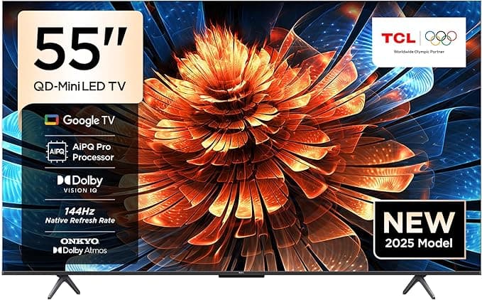 TCL 55 inç Akıllı TV 55Q6C 4K QD-Mini LED Renkli Quantum Crystal HDR10+ Oyun Google TV, 144Hz Doğal Yenileme Hızı, ONKYO 2.1 Hi-Fi Ses Sistemi, Dolby Atmos, Yapay Zekâ Modu, Game Master (2025 Modeli)